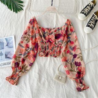 Square-neck Smocked Crop Chiffon Blouse