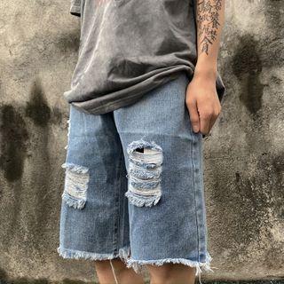 Distressed Straight-cut Denim Shorts
