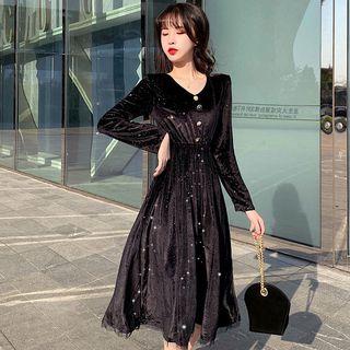 V-neck Long-sleeve Glitter Midi A-line Dress