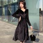 V-neck Long-sleeve Glitter Midi A-line Dress