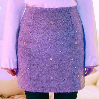 Beaded Wool Blend Furry Mini Skirt