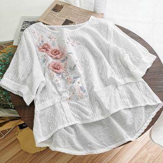 Flower Detail Short-sleeve Eyelet Lace Blouse White - One Size