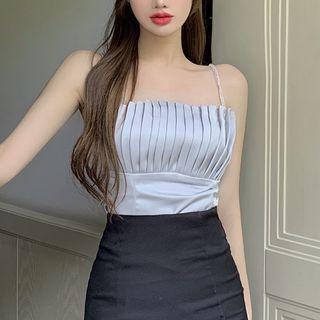 Spaghetti-strap Two-tone Slit Midi Sheath Dress Grayish Blue - One Size