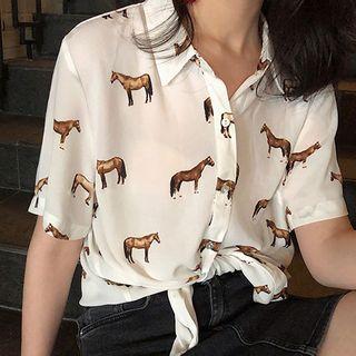 Horse Print Short-sleeve Chiffon Blouse