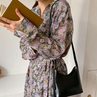 Frilled-hem Long Floral Dress With Sash