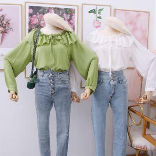 Peter Pan-collar Ruffled-trim Plain Blouse