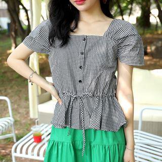 Square-neck Gingham Peplum Blouse