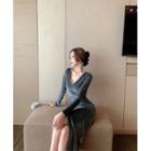 V-neck Long-sleeve Slit Midi A-line Velvet Dress
