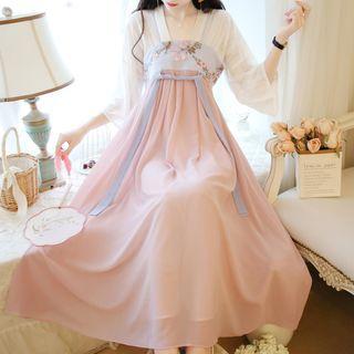 Elbow-sleeve Embroidered Chiffon Maxi Hanfu Dress