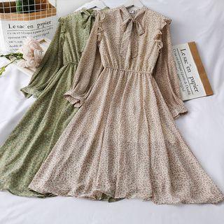 Ribbon-neckline Ruffled Floral Chiffon Dress