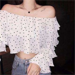 Ruffle-layered Polka-dot Cropped Top Ivory - One Size
