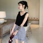Sleeveless Buttoned Cropped Top / Frill Trim Plaid A-line Mini Skirt