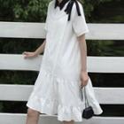 Contrast Stitching Collared Elbow-sleeve A-line Dress
