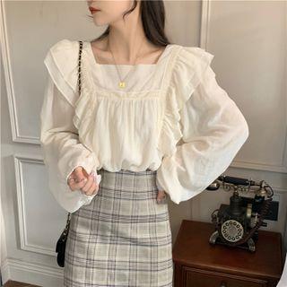 Long-sleeve Square-neck Ruffle Blouse Almond - One Size