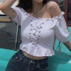Off-shoulder Puff-sleeve Plain Ruffled-trim Tie-strap Cropped T-shirt
