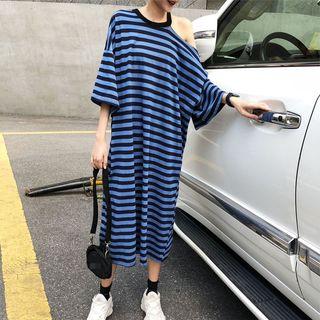 Striped Off-shoulder Loose-fit Short-sleeve Dress
