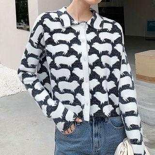 Dog Print Collared Cropped Cardigan