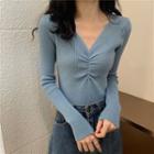 V-neck Plain Ruched Long-sleeve Knitted Top