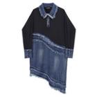 Fray Hem Long-sleeve Asymmetric Denim Dress Blue - One Size