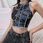 Printed Overlock-stitching Cropped Tank Top