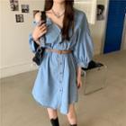 Asymmetric Cold-shoulder Denim Shirtdress Blue - One Size