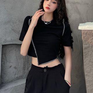 Short-sleeve Contrast Stitching T-shirt Black - One Size