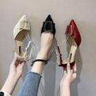 Pointed Flared Heel Ankle Strap Dorsay Pumps