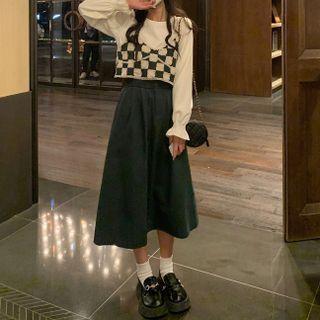 Plain Blouse / Cropped Camisole Top / Midi A-line Skirt / Set