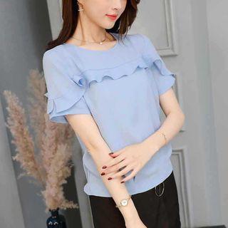 Plain Ruffle Trim Short-sleeve Chiffon Blouse