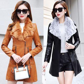 Furry Paneled Faux Leather Zip Coat