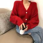 Ribbed Buttoned Cardigan Red - One Size