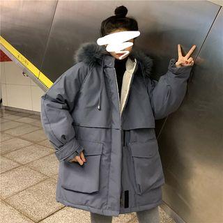 Furry Hooded Cargo Jacket Grayish Blue - One Size