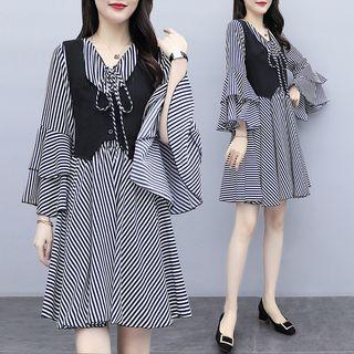 Set: Striped Long-sleeve A-line Dress + Cropped Vest