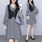Set: Striped Long-sleeve A-line Dress + Cropped Vest