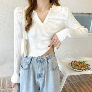 Polo Long-sleeve Plain Knit Top