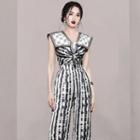 Set: Spaghetti-strap Print Straight Leg Jumpsuit + Shawl