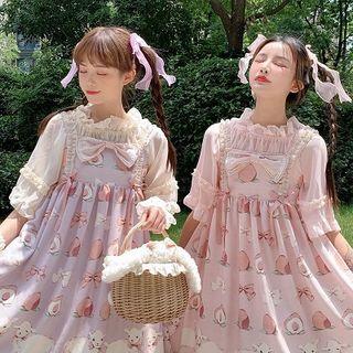 Eyelet Lace Short-sleeve Blouse / Chiffon Blouse / Printed Spaghetti Strap A-line Dress / Set