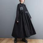 Long-sleeve Denim Midi A-line Dress Black - One Size
