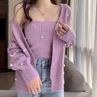 Set: Cardigan + Spaghetti Strap Knit Top