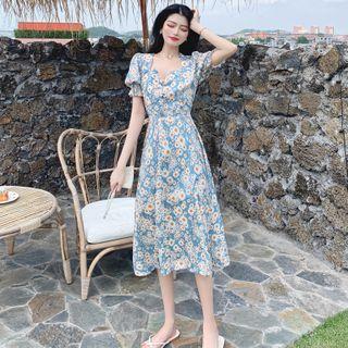 Slit Puff Sleeve Printed A-line Dress