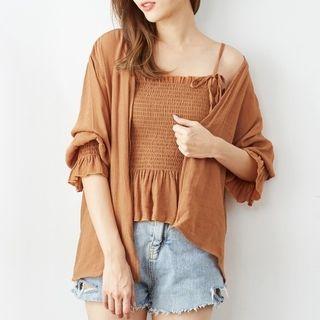 Set: Shirred Camisole Top + Open Front Light Jacket