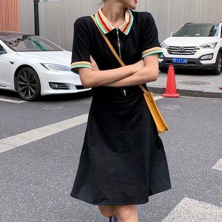Short-sleeve Zipped Striped Polo Shirt Dress