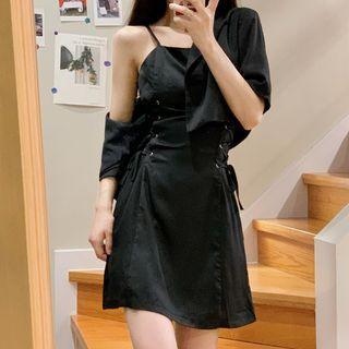 Spaghetti-strap Mini A-line Dress / Elbow-sleeve Cropped Blazer