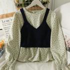 Set: Floral Loose Blouse + Cropped Knit Vest