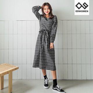 Round-neck Check Dress With Sash