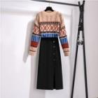 Patterned Print Sweater / Midi A-line Skirt / Set