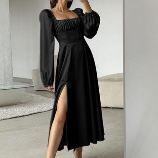 Puff-sleeve Square-neck Ruched Slit Maxi Dress