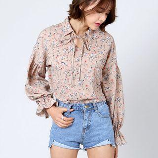Tie-neck Frill-sleeve Floral Print Top