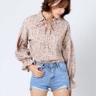 Tie-neck Frill-sleeve Floral Print Top