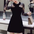 Long-sleeve Lace Panel Mini A-line Velvet Dress Black - S